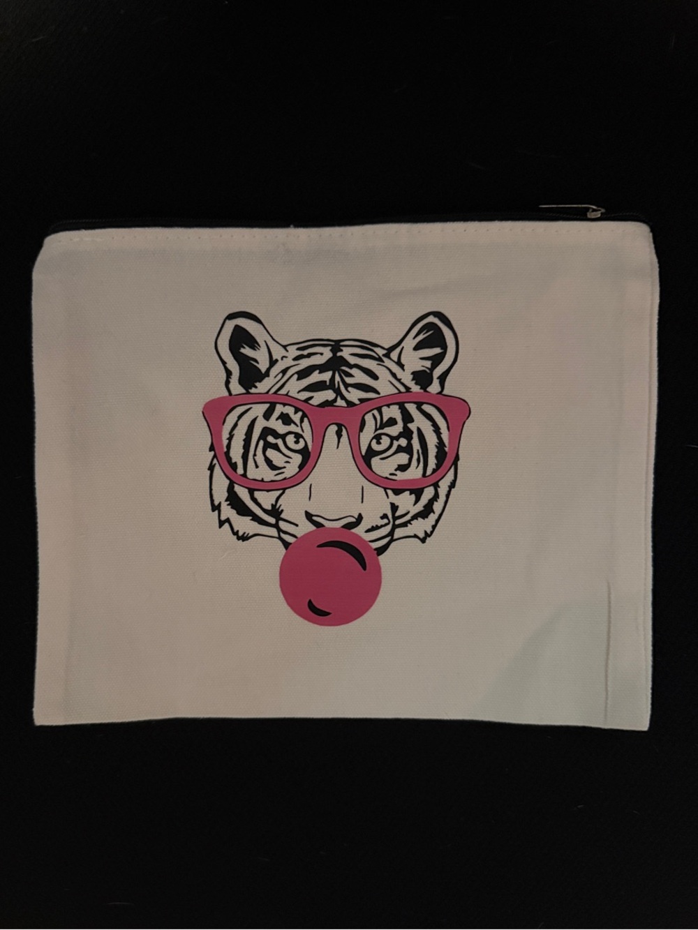 White Canvas Tiger Print Pouch with Pink Accents
